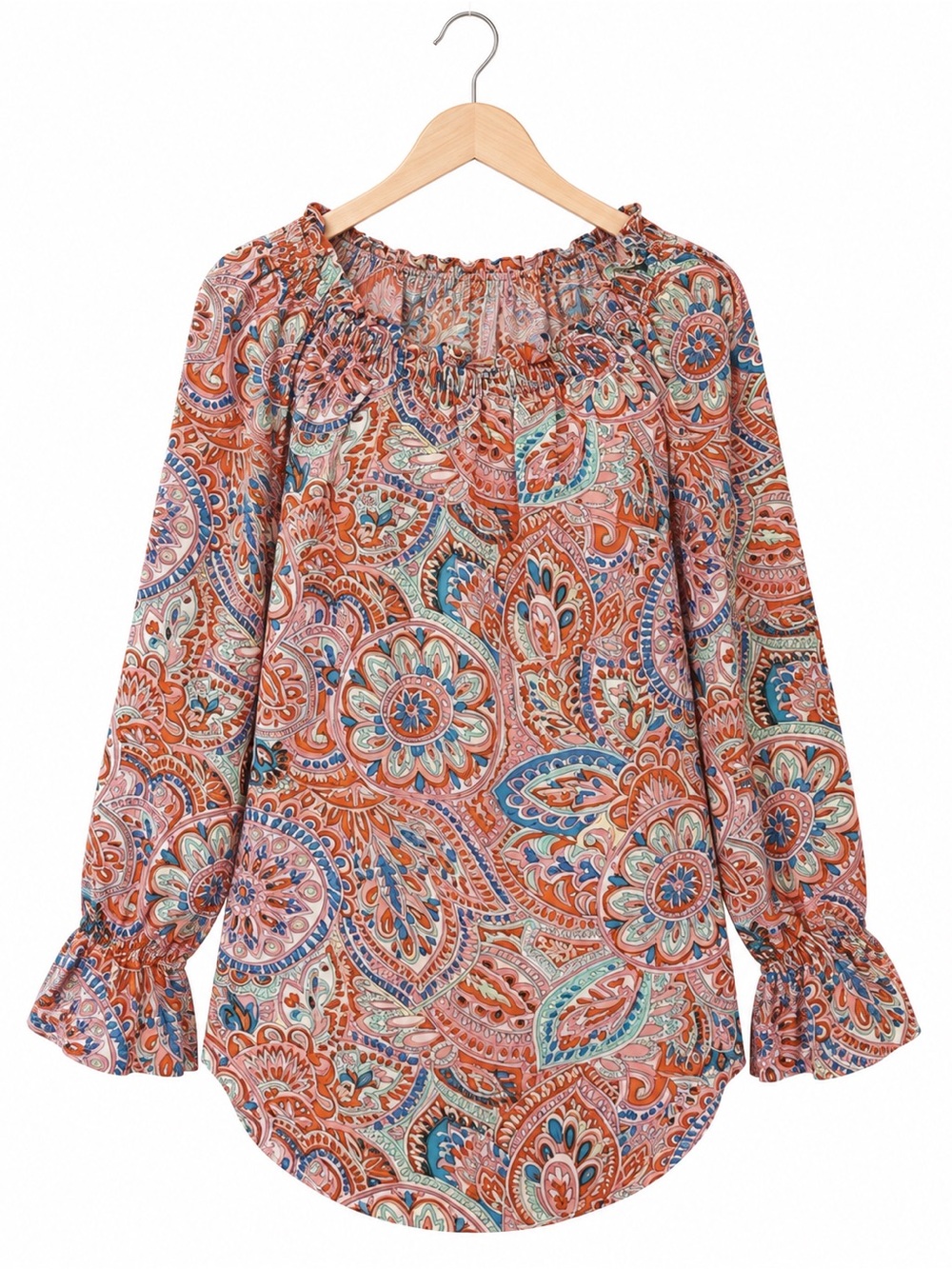 Talbots Boho Paisley Peasant Blouse Smocked Long Sleeve Top Pink Orange Small